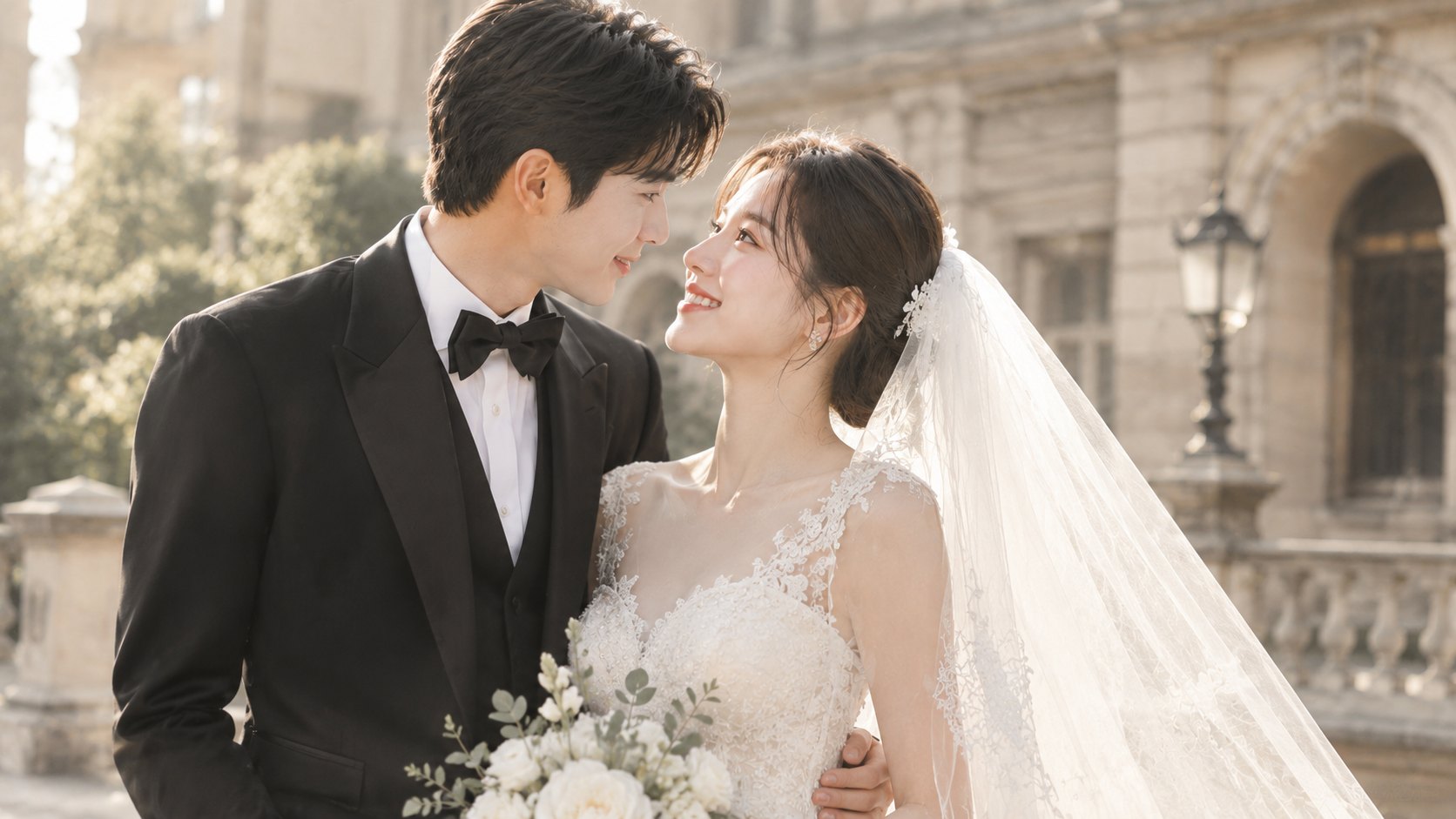 유럽풍 건물 앞에서 서로를 마주 보며 웃는 신랑 신부